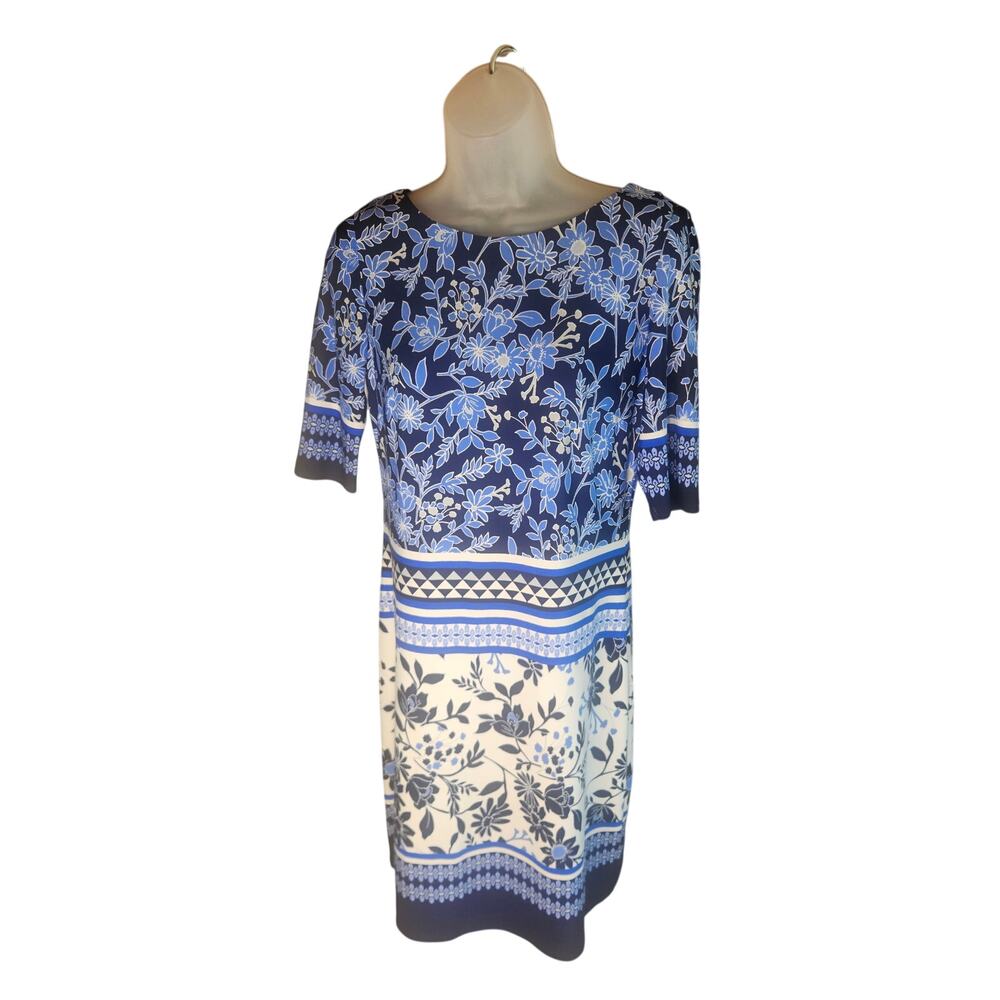 Eliza J Navy Lt Blue Sheath Dress Sz 4 Stretchy Gold Hardware zip Lined - Picture 2 of 9